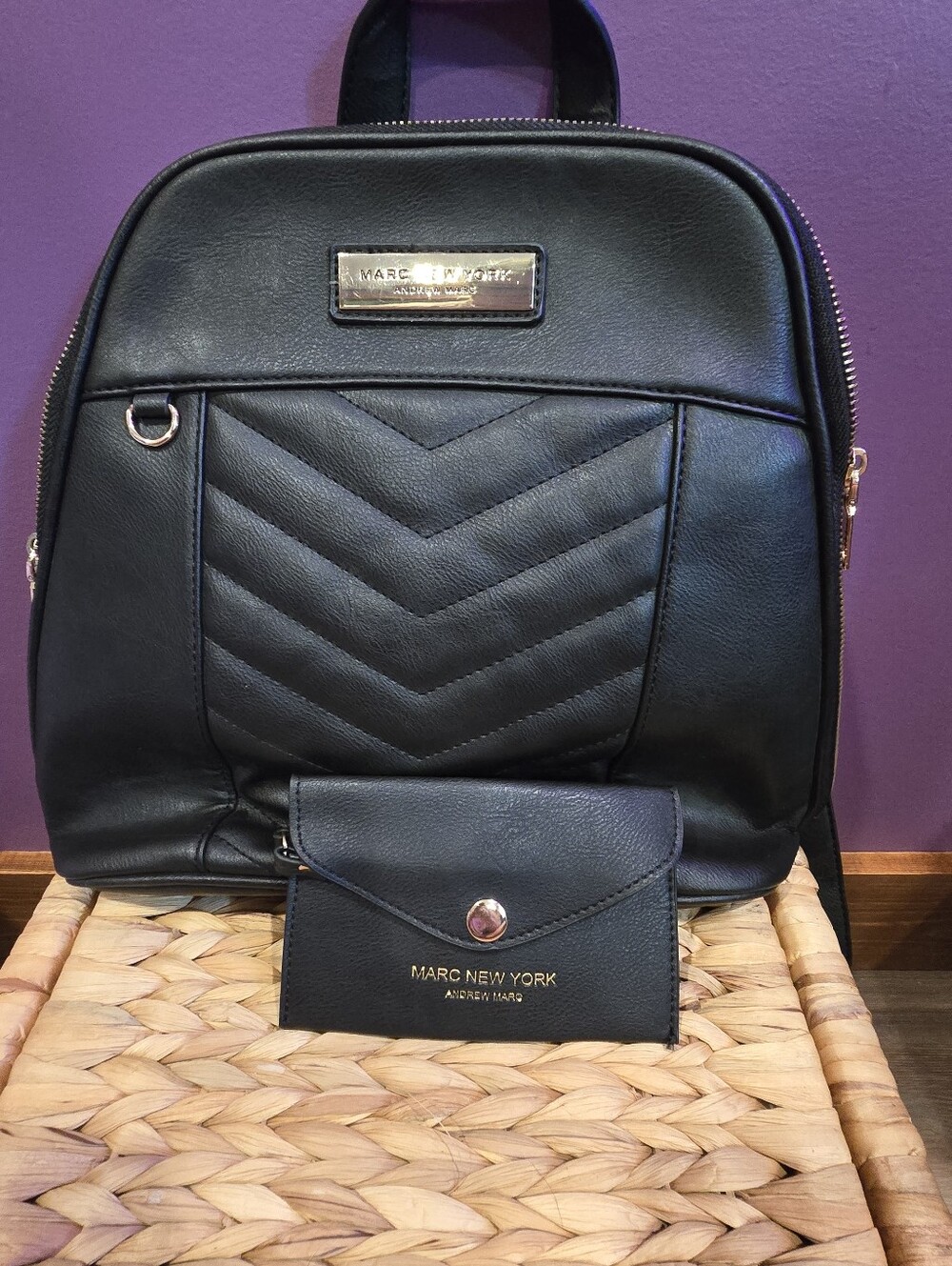 Marc New York Black Quilted Chevron Backpack with Matching Coin Wallet